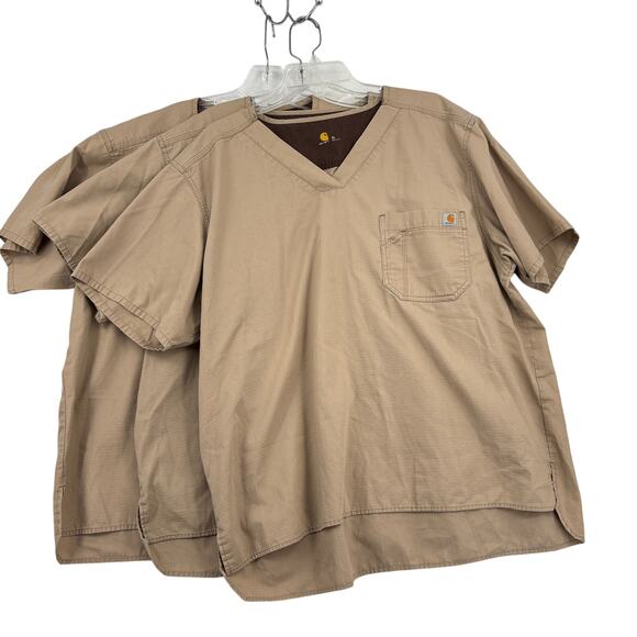 Carhartt Bundle of 3 Ripstop Scrub Tops Men XL Tan Utility Shirts V Neck Pockets - Picture 1 of 10